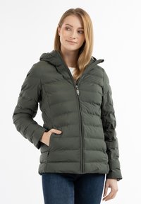 Jachetă puffer verde închis, cu glugă, fermoar frontal și design cu panouri cusute. Include buzunare laterale și o textură netedă, ușoară.