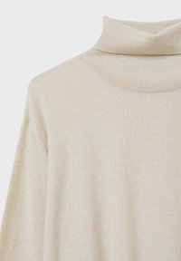 Beige gestrickter Rollkragenpullover mit einem gerippten hohen Kragen, weicher Textur und überschnittenen Schultern, der ein einfaches, klassisches Design aufweist.
