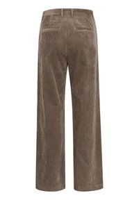 Bruine corduroy wijde broek met verticale strepen, voorzien van een hoge tailleband en twee achterzakken. De textuur lijkt zacht en ribbelig.