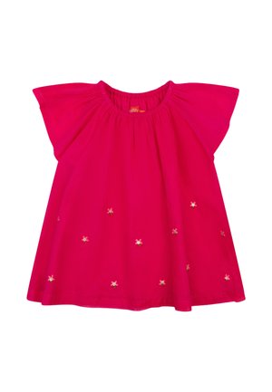 Roze katoenen jurk met korte kapmouwtjes, een aangesnoerde halslijn en bloemrijke borduursels die verspreid over de stof te zien zijn.