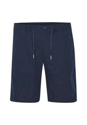 Mornarsko modri šorti z vrvico in gumbom. Narejeni iz lahkega materiala z gladko teksturo in ravnim krojem.