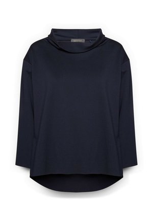 Donkerblauw langarmshirt met een losse pasvorm en een gedrapeerde hoge halslijn, met een licht gebogen zoom.