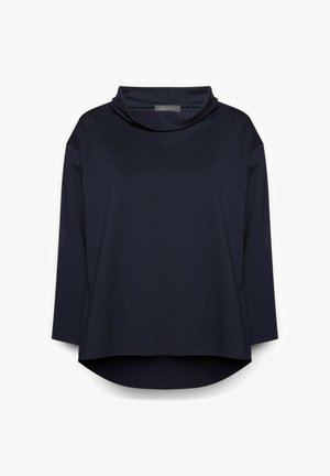 Donkerblauw langarmshirt met een losse pasvorm en een gedrapeerde hoge halslijn, met een licht gebogen zoom.