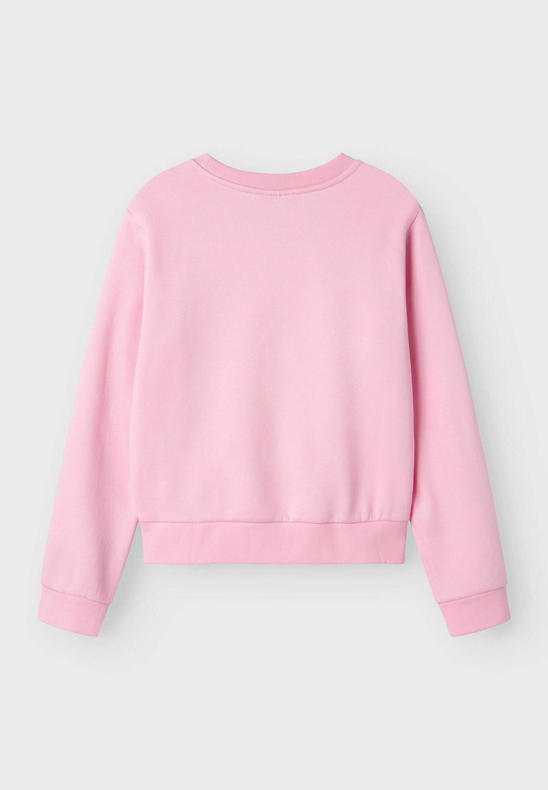 Felpa rosa realizzata in morbido cotone, con scollatura rotonda, maniche lunghe, polsini a coste e orlo corto. Senza motivi visibili o accessori.
