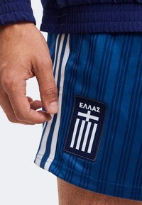 Hand van een man bij blauwe gestreepte korte broek met Griekse vlag patch en Griekse tekst, draagt een donkerblauwe jas met elastische manchetten.