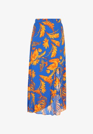 Kukkallinen maksihame kirkkaan sinisessä värissä, jossa on suuria oransseja kukkia ja vihreitä lehtiä. Hameessa on sivuhalkio ja pehmeä, valuva kankaan rakenne.