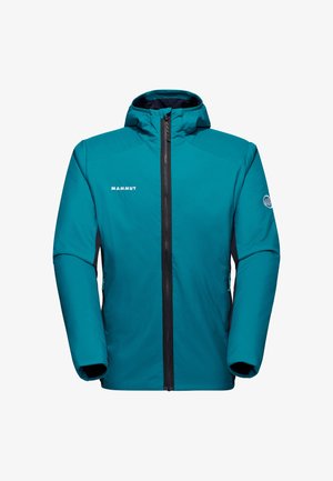 Casaco de exterior azul-petróleos com capuz, fecho preto, bolsos laterais, logo da Mammut no peito e emblema na manga esquerda, desenhado para tempo frio.