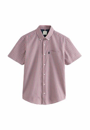 Kratek rokav, gumbasta srajca s rdečim in mornarsko modrim karirastim vzorcem, z sprednjim žepom in klasičnim ovratnikom. Iz bombažnega materiala.