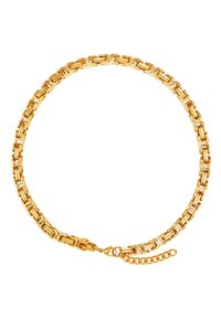 Goldfarbener Kettenanhänger mit ineinandergreifenden rechteckigen Gliedern und einem Karabinerhaken, mit einer verstellbaren Kettenverlängerung.