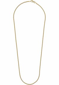 Guldtonet metal kæde med en flettet design og en lobster clasp lukning. Glat tekstur og ensartet form, velegnet til lagdeling.