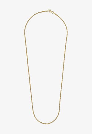 Guldtonet metal kæde med en flettet design og en lobster clasp lukning. Glat tekstur og ensartet form, velegnet til lagdeling.