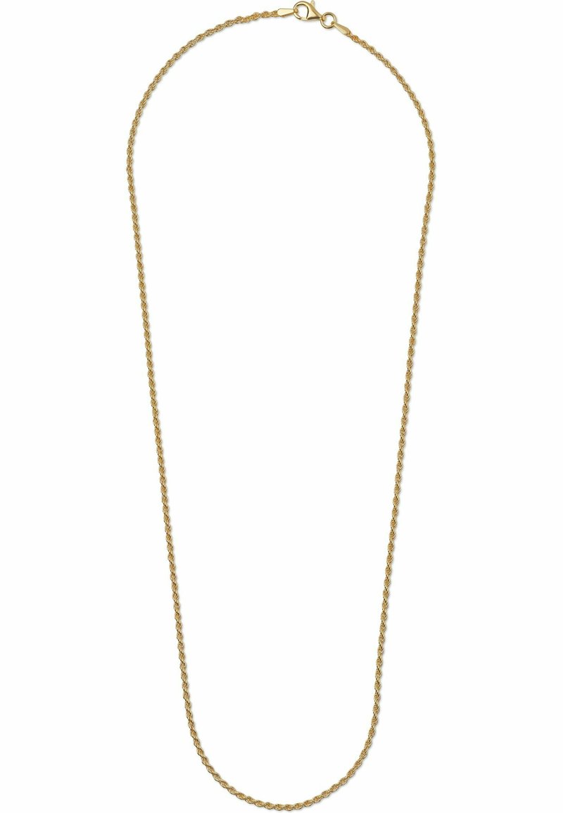 Guldtonet metal kæde med en flettet design og en lobster clasp lukning. Glat tekstur og ensartet form, velegnet til lagdeling.