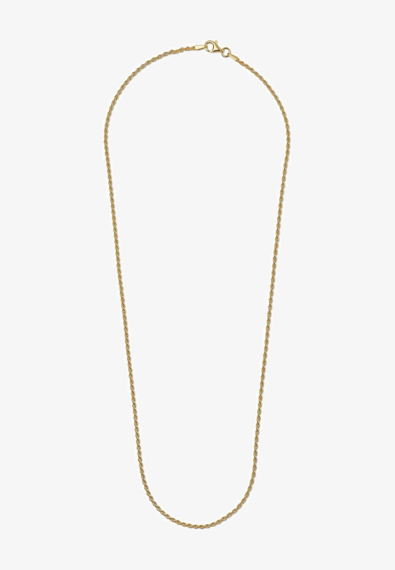 Guldtonet metal kæde med en flettet design og en lobster clasp lukning. Glat tekstur og ensartet form, velegnet til lagdeling.