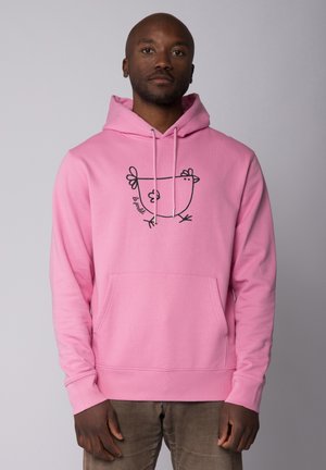 Roze hoodie met een kangoeroezak en een zwart kippenafbeelding op de voorkant. Gemaakt van zacht materiaal met een verstelbaar koord in de capuchon.