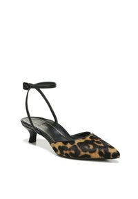Escarpin à motif léopard avec un bout pointu, un petit talon d'environ 5 cm, une sangle en cuir noir et une tige en textile doux. Semelle intérieure noire avec détail de logo.