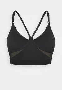 Bralette nera con una combinazione di tessuti a rete e solidi. Caratterizzato da un collo a V e spalline incrociate. Texture liscia senza hardware visibile.
