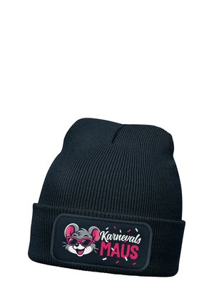 Black knit beanie with a patch showing a cartoon mouse wearing pink sunglasses and the text "Karnevals MAUS" in white and pink.