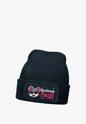 Schwarze Strickmütze mit einem Aufnäher, der eine Cartoon-Maus zeigt, die eine pinke Sonnenbrille trägt, und den Text "Karnevals MAUS" in Weiß und Pink.