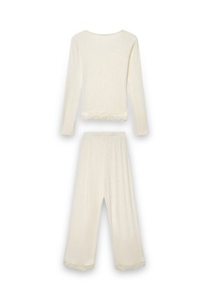 Completo composto da top a maniche lunghe crema a coste e pantaloni a gamba larga con bordo in pizzo all'orlo, mostrato disteso su uno sfondo bianco.