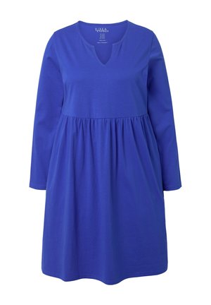 Abito in cotone blu con scollo a V, maniche lunghe e vita arricciata. Il tessuto è liscio con una leggera lucentezza. Design semplice e privo di decorazioni.