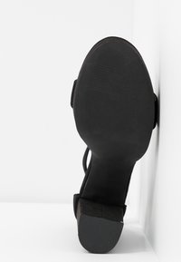 Mustat korkokengät asetettu pohja ylöspäin valkoista kulmaseinää vasten, näyttäen kuvioitua kumipohjaa ja lohkaretta.