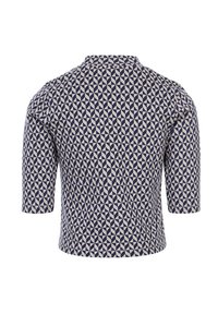 Korte mouwen shirt van stof met een marineblauw en crèmekleurig geometrisch patroon. De achterkant heeft een ronde kraag en een rechte zoom.