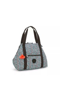 Textured tote bag in blue with a multi-colored pattern, featuring black straps, a zip pocket, and an orange pom-pom accent.