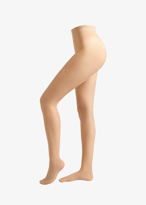Beige Nylonstrumpfhosen mit transparenter Optik, hohem Taillenbund und glatter Textur, entworfen, um eng an den Beinen zu sitzen, ohne sichtbare Nähte.