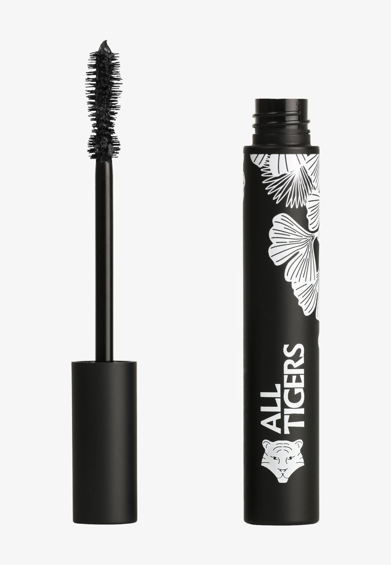 Tube de mascara noir avec un design floral blanc et un logo. Comprend un applicateur avec des poils noirs. Forme cylindrique élégante.