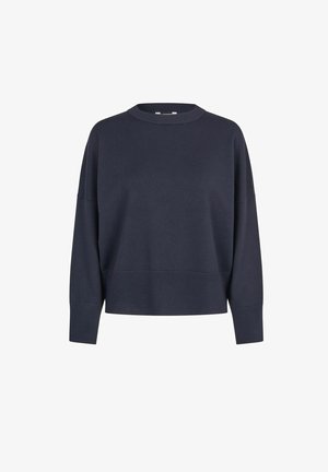 Marineblauer Strickpullover mit Rundhalsausschnitt, überschnittenen Schultern und gerippten Bündchen sowie Saum. Weiche Textur mit einer lässigen Passform.