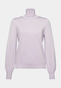 Pull col roulé violet clair à manches longues avec poignets et ourlet côtelés, présenté sur un fond uni.