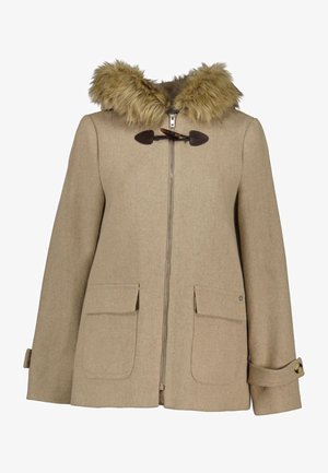 Manteau en laine beige avec capuche en fausse fourrure, fermetures à bascule, deux poches avant et détails aux poignets. Texture lisse avec une forme classique.