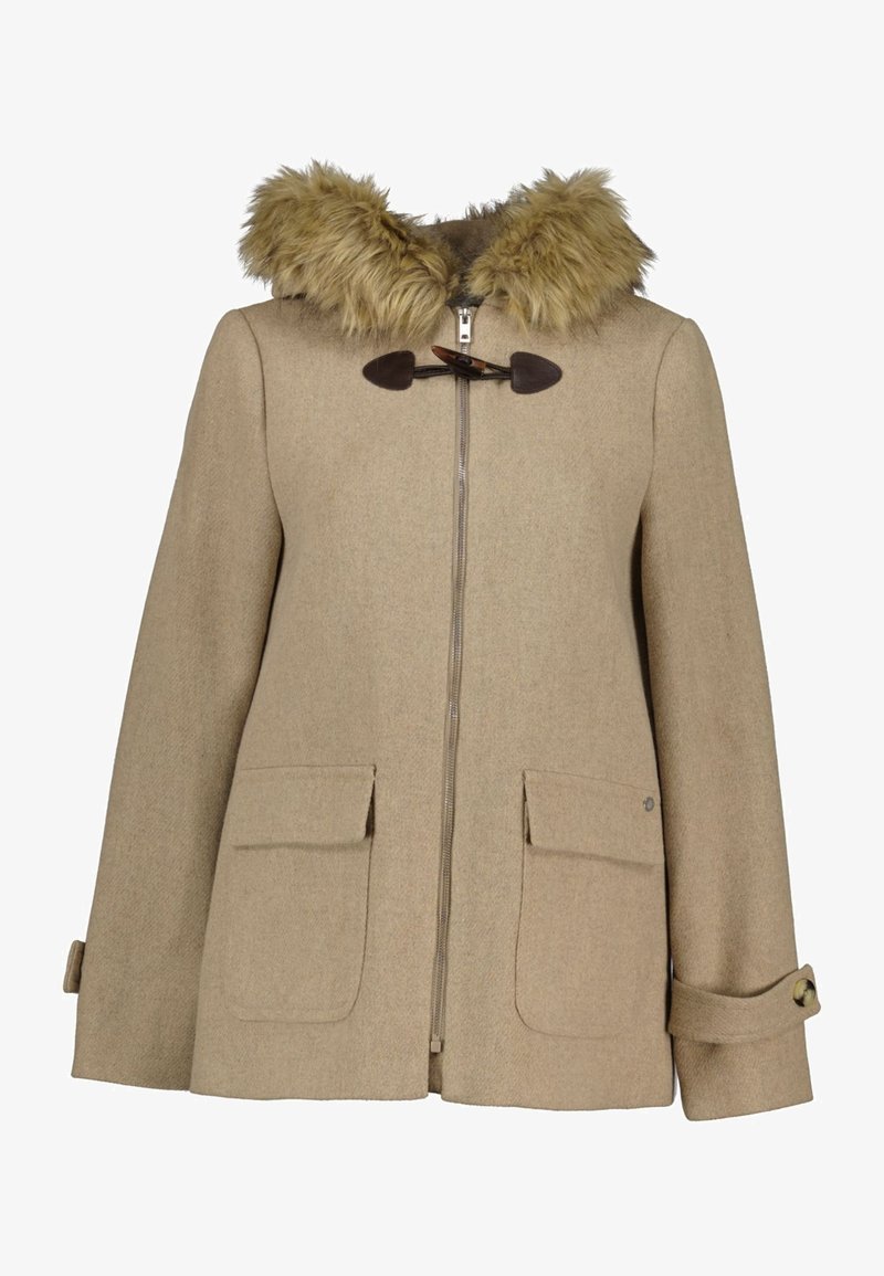 Beige wollen jas met een capuchon van nep bont, sluitingen met toggles, twee voorzakken en manchetdetails. Soepele textuur met een klassieke vorm.
