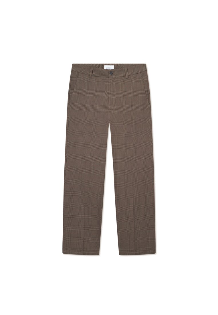 Pruunide ruuduliste pükste sirge lõikega disain, millel on eesmise taskud ja ühe nööbi kinnitamine. Sile tekstuur, kohandatud sobivus.