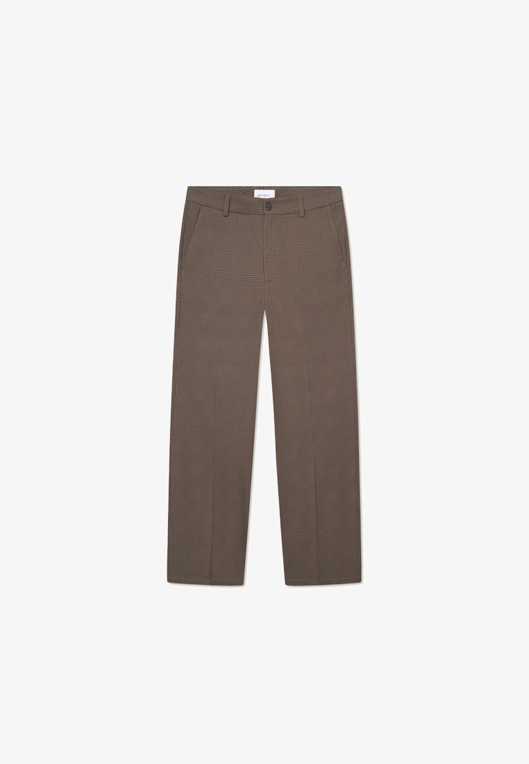 Pruunide ruuduliste pükste sirge lõikega disain, millel on eesmise taskud ja ühe nööbi kinnitamine. Sile tekstuur, kohandatud sobivus.