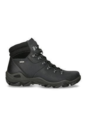 Bota de senderismo negra con parte superior de cuero y malla, punta redonda, ojales de metal, suela de goma y collar acolchado para soporte del tobillo.