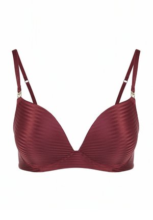 Satynowy biustonosz w kolorze burgundowym o prążkowanej fakturze, z głębokim dekoltem w serek i regulowanymi ramiączkami, zapinany na srebrne ozdobne elementy.