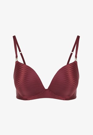 Satynowy biustonosz w kolorze burgundowym o prążkowanej fakturze, z głębokim dekoltem w serek i regulowanymi ramiączkami, zapinany na srebrne ozdobne elementy.