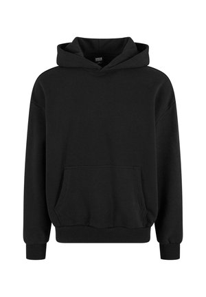 Sort hættetrøje med kengurulomme, brede ærmer og ribbede manchetter og kant. Lavet af blødt stof med en glat tekstur.