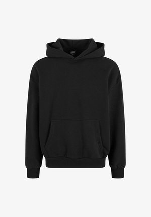 Black hoodie with a kangaroo pocket, wide sleeves, and ribbed cuffs and hem. Made from soft fabric with a smooth texture.