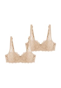 Nudenvärinen pitsi rintaliivit, joissa on aaltoilevat reunat ja kukkakuviot. Säädettävät olkaimet ja hakaskiinnitys takana. Mukana on kaksi kappaletta.