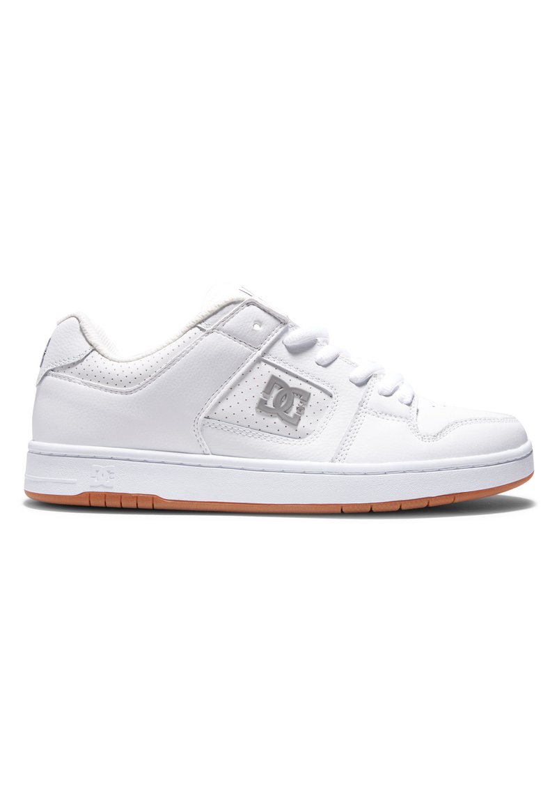 White leather skate shoes with a perforated design on the side, gray logo detail, flat rubber sole, and white laces.