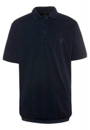 Marineblaue Poloshirt aus leichtem Stoff, mit Knopfleiste mit zwei Knöpfen, kurzen Ärmeln und einem dezenten Logo auf der Brust.