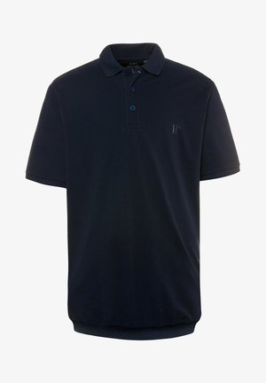 Navy blue polo shirt made of lightweight fabric, featuring a two-button placket, short sleeves, and a subtle logo on the chest.