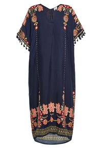 Laivansinis kaftan lyhytlahkeilla hihoilla, jossa on värikkäitä kukkakirjontoja ja tupsukoristeita helman ja kaula-aukon kohdalla. Kevyt kangas.