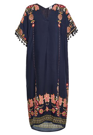 Marineblauer Kaftan mit kurzen Ärmeln, ausgestattet mit farbenfrohen floralen Stickereien und Quastenakzenten am Saum und am Ausschnitt. Leichtes Material.