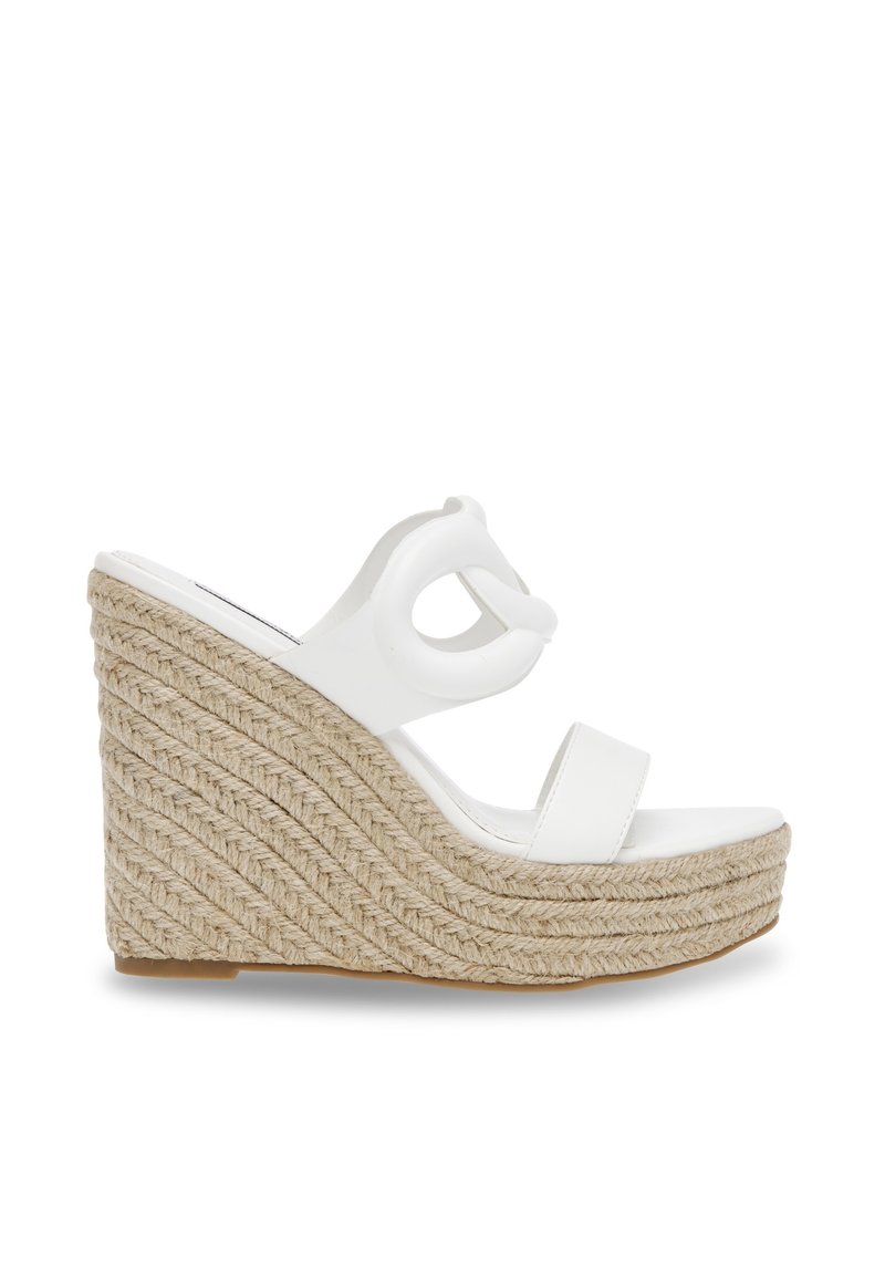 Sandali wedge bianchi con suola in juta intrecciata. Presentano una parte superiore liscia e un design con ritagli circolari sulla cinghia. Cinghia regolabile per una vestibilità ottimale.