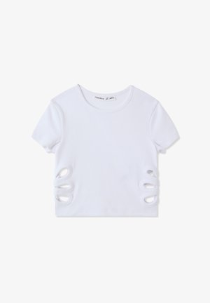 Biała, prążkowana koszulka z krótkim rękawem, z wycięciami po bokach, okrągłym dekoltem i dopasowanym krojem.