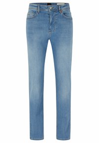 Světle modré džíny z denimu s rovným střihem, pěti kapsami a prošitým detailem. Mají klasické zapínání na knoflík a zip.