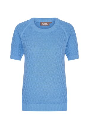 Light blue short-sleeve sweater featuring a diamond knit pattern, ribbed collar, and hem. Soft texture with a relaxed fit.
